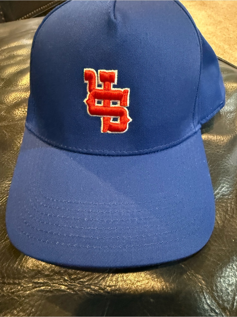 Blue Baseball Cap with Red Embroidered Logo - Men Accessories Hats